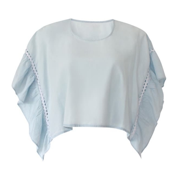 BCBGeneration Top Cropped Ruffled Short Sleeve White Eyelet Chambray Blue L NWT - Picture 3 of 16